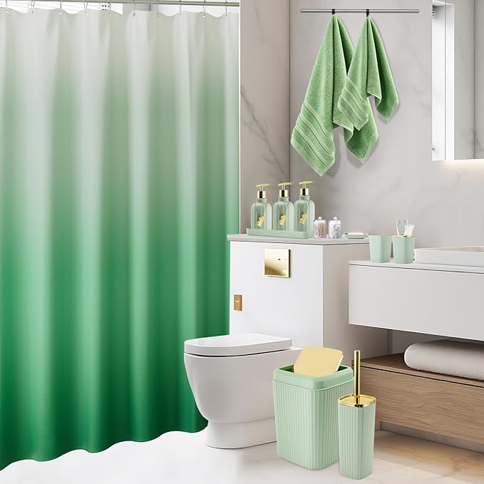 32PCS Bathroom Accessories Set Bathroom Set,Green Shower Curtain Set,Bath Towel Set,Hand Towel,Toilet Brush,Trash Can & 3PCS Soap Dispenser