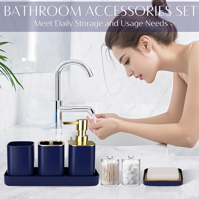 9PCS Bathroom Accessory Set, Navy Blue Bathroom Set with Large-Capacity 4 Gallon Trash Can, Bathroom Accessories Set Complete Toothbrush Holder, Soap Dispenser, Toilet Brush, Bathroom Decor