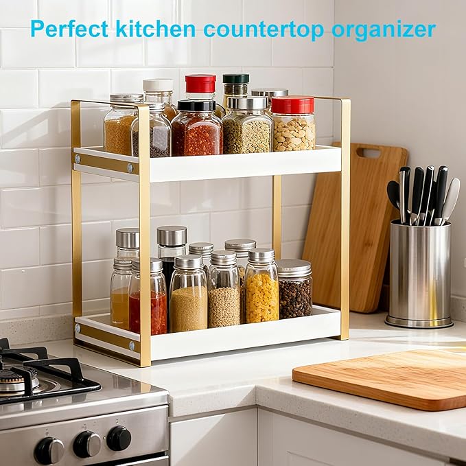 Bathroom Counter Organizer with Basket, Wooden Sink Shelf for Vanity Storage, Storage Organizers for Bathroom, Kitchen, Dresser (Gold - White)