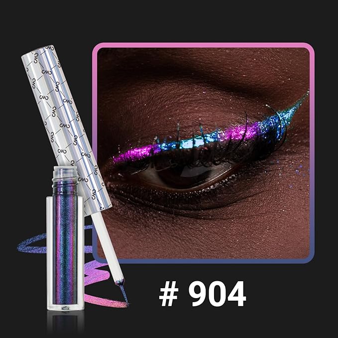 CHARMACY Chameleon Glitter Liquid Eyeliner, Metallic Shade Color Shift Eye Liner, Highly Pigmented, 24H Long-Lasting, Waterproof and Anti-Smudge, Ultra-Fine Tip, PURPLE GOLD INDIGO 904