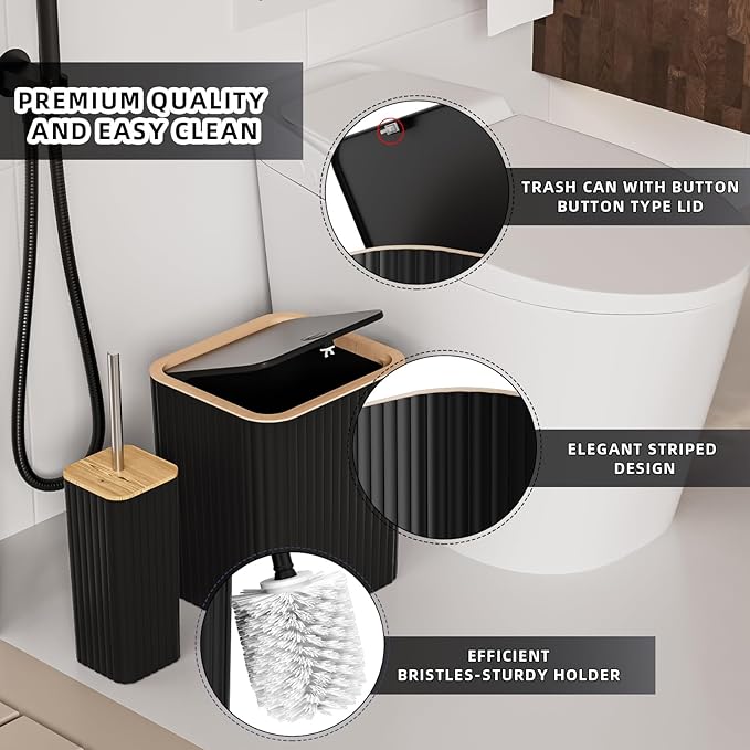 Bathroom Accessories Set - Elegant Black Bathroom Set, 10PC Bathroom Accessory Set, Toilet Brush, Trash Can, Qtip Holder Dispenser & Soap Dispenser