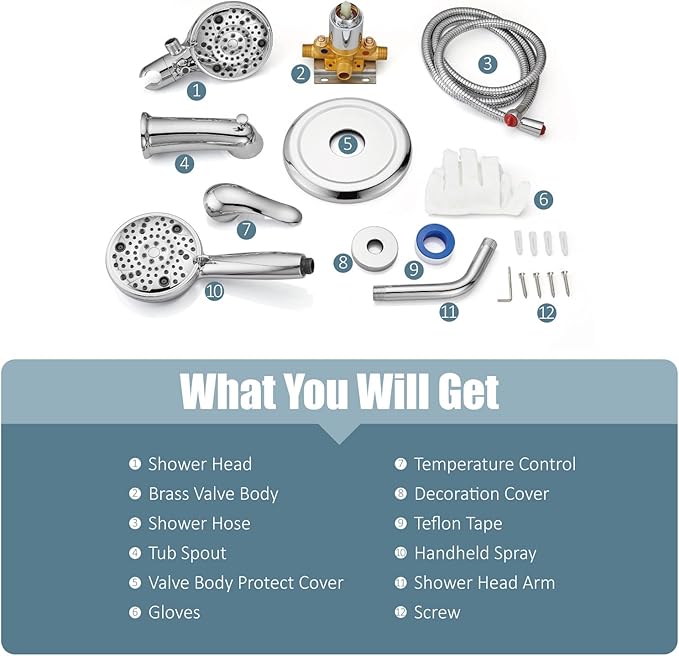 Aolemi Tub Shower Faucet Set with Tub Spout Rain Shower Head System Shower Trim Kit Pressure Rough-in Valve Included ABS 8 Setting Dual Shower Head and Handheld Spray Polish Chrome