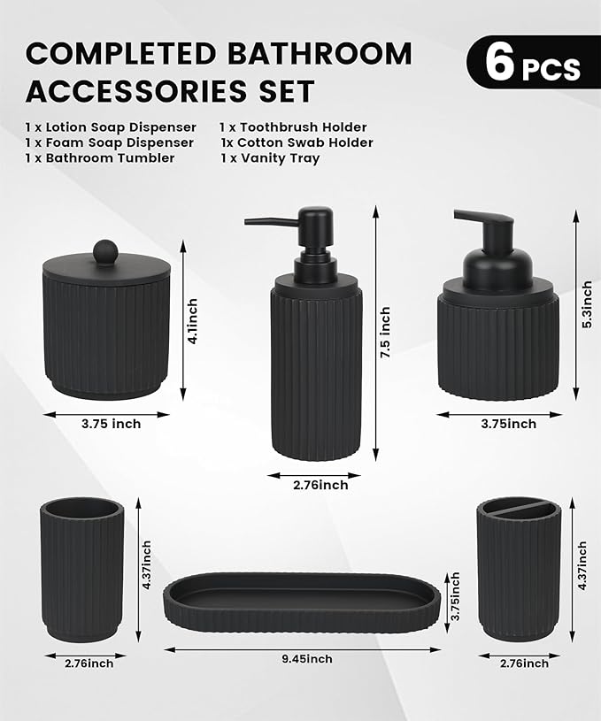 Black Bathroom Accessories Set 6 Pcs - Toothbrush Holder,Lotion Soap Dispenser,Foaming Soap Dispenser,Qtip Holder Dispensers,Vanity Tray,Bathroom Tumbler - Countertop Organizer-Bathroom Accessory Set