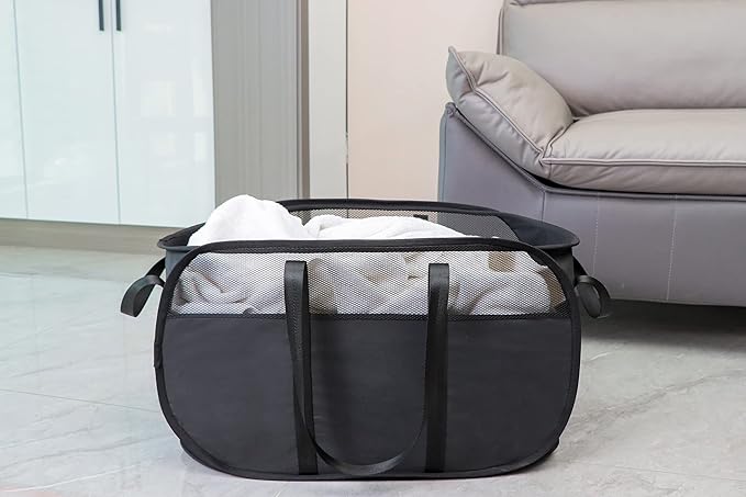 Pop Up Laundry Hamper,with Durable Handles collapsible laundry basket,Easy to Open and Fold for college Dorm,kids room,travel (Black)…