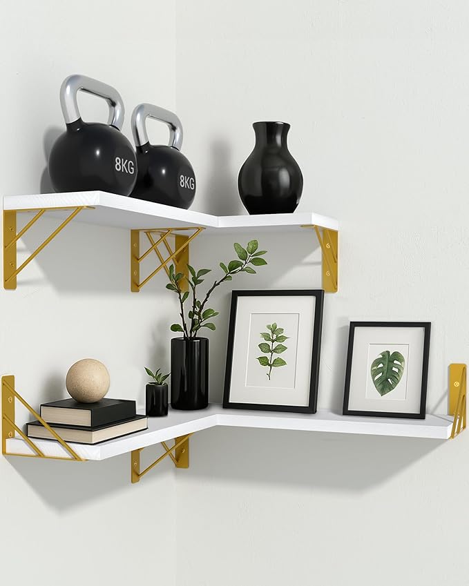 BAYKA Wall Shelves for Bedroom Decor, Floating Wall Shelves for Living Room Kitchen Storage, Wall Mounted Rustic Wood Shelves for Kids Books, Corner Shelf for Bathroom(White and Gold,Set of 4)