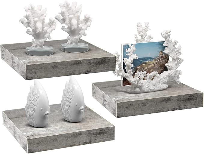 Sorbus Square Floating Shelf for Wall - 3 Small Shelves with Invisible Mounting Brackets for Living Room Decor, Bedroom, Bathroom Decor, Kitchen - 9" Rustic Grey Wall Shelf to Display Photos Trophies