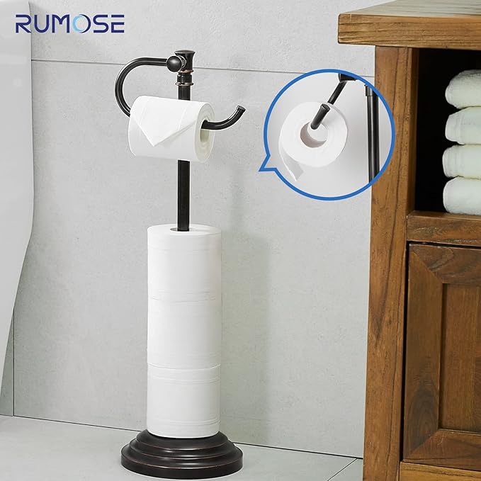 RUMOSE Toilet Paper Holder Stand for Floor, Oil Rubbed Bronze Adjustable (12.4" to 22.8") Bathroom Toilet Tissue Holder, Free Standing Toilet Paper Roll Holder with Storage, Stainless Steel
