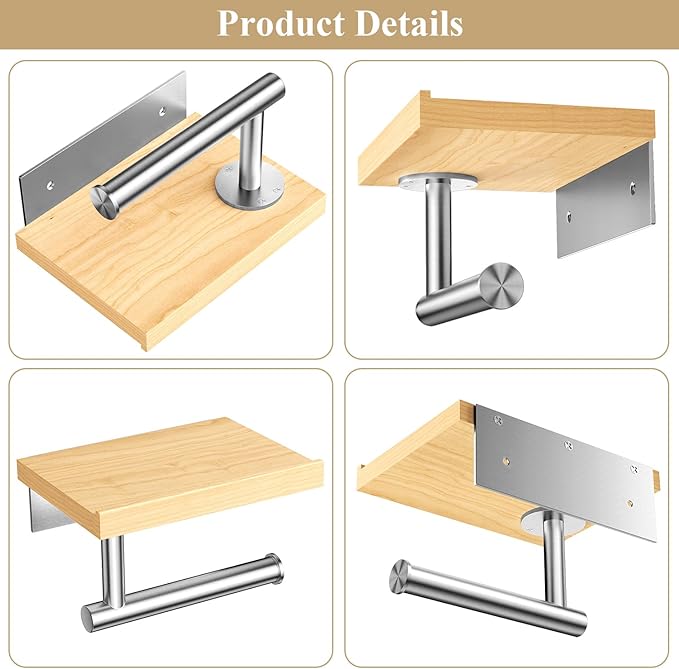 Tindbea Toilet Paper Holder with Wood Shelf, Wooden Wall Mount Tissue Paper Roll Holder, Brushed Nickel Stainless Steel Bathroom Accessories Decor for Home (Maple, Brushed Nickel)