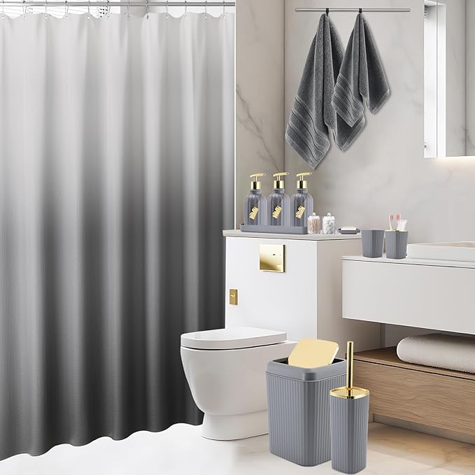 32PCS Bathroom Accessories Set Bathroom Set,Grey Shower Curtain Set,Bath Towel Set,Hand Towel,Toilet Brush,Trash Can & 3PCS Soap Dispenser