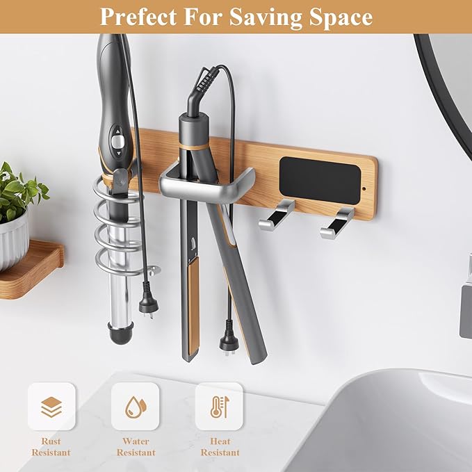 Tindbea Hair Dryer Holder Curling Iron Holder Flat Iron, Blow Dryer Holder Wall Mount, 3 in 1 Bathroom Hair Tool Organizer Rack for Universal Dryer, Cherry Wood Silver Color