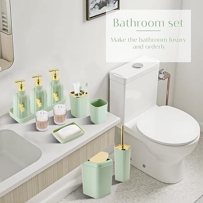 17PCS Bathroom Accessory Set Bathroom Set Green Bathroom Decor,Toilet Brush, Trash Can, Qtip Holder Dispenser& 3PCS Soap Dispenser