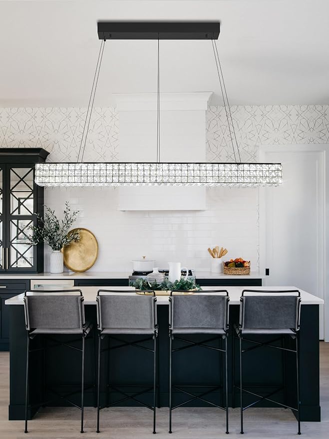 W48 Black Chandeliers for Dining Room, Modern Crystal Pendant Lights Fixture Farmhouse Hanging Dining Light Fixtures for Kitchen Island, Living Room, Bedroom