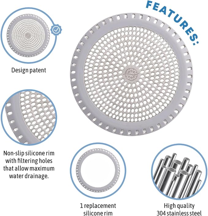 Shower Drain Hair Catcher – Ultra ShowerRing 5" Drain Cover for Flat & Domed Floors | Stainless Steel Hair Trap with Silicone Rim | High-Flow Strainer Prevents Clogs - Gray