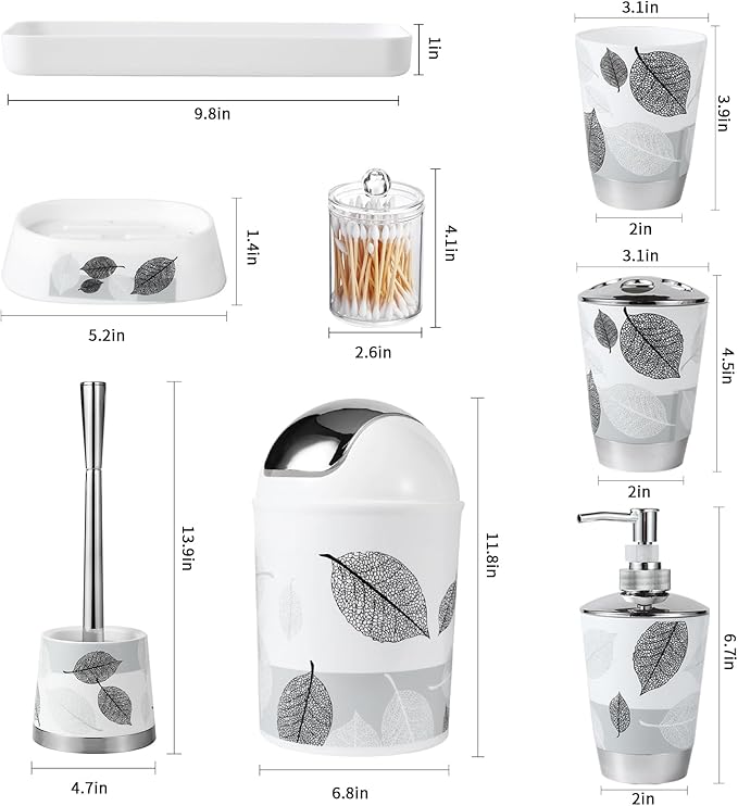 8 Piece Grey Bathroom Sets with Toothbrush Holder,Toothbrush Cup,Lotion Soap Dispenser,Soap Dish,Toilet Brush,Trash Can,Qtip Holder