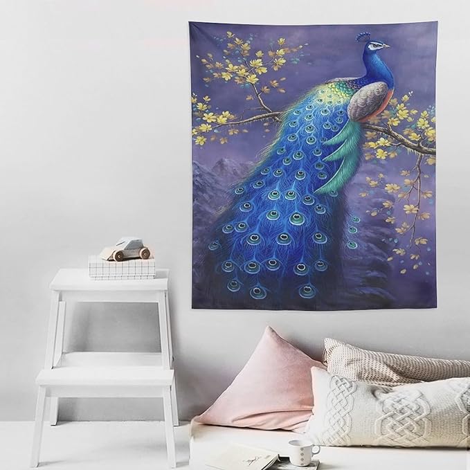 yowecso Peacock Tapestry Wall Hanging for Bedroom, Living Room - Purple Peacock Bird Tapestry - Aesthetic Wall Decor - 50"x60"