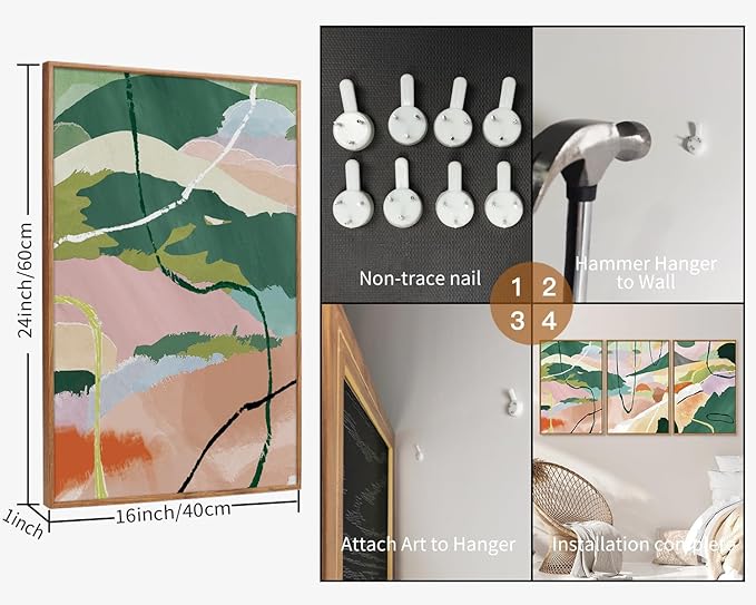 Tinonedraw Colorful Abstract Framed Canvas Wall Art Set of 3, Green and Pink Oils Inks Artwork, Neutral Modern Minimalist Wall Decor for Living Room, Bedroom, Office 16"x24"