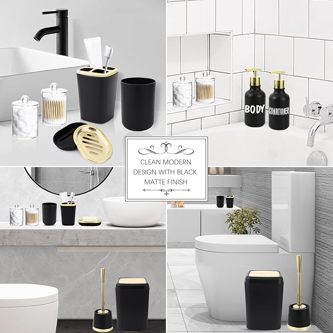 Black and Gold Bathroom Accessories Set - 10 Piece Bathroom Sets with Trash Can, Soap Dispenser, Soap Dish, Toothbrush Holder and Cup, Toilet Brush, Qtip Holder, Bathroom Accessory Set Complete