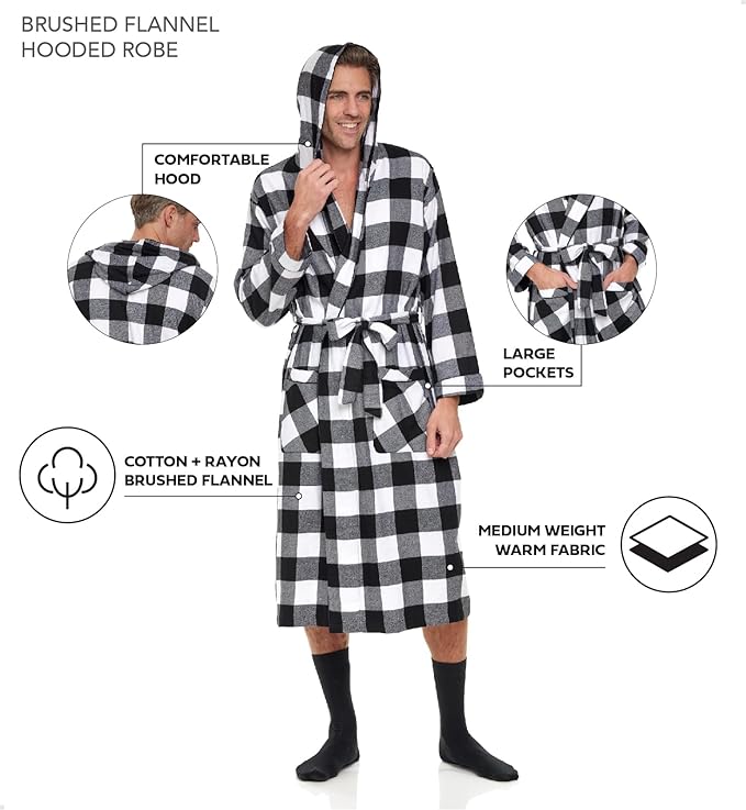 Andrew Scott Mens' Robe with Hoodie| Cotton Flannel Brush Plaid | All Season | Full Length House Robe