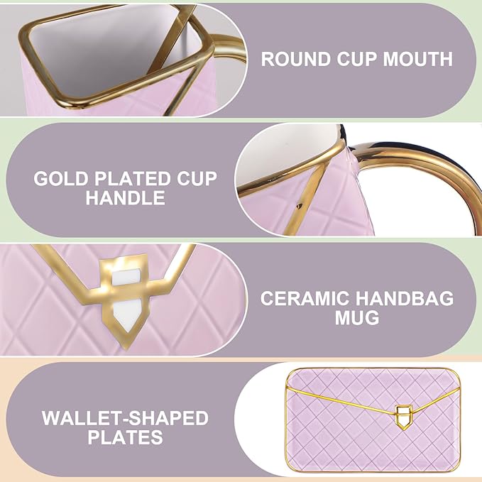 Zubebe 1 Set Coffee Mug Elegant Handbag Shaped Cup Modern Ceramic Purse Mug with Spoon and Saucer, 10oz Cute Creative Tea Cup for Office Home Woman Girls Gift (Purple)
