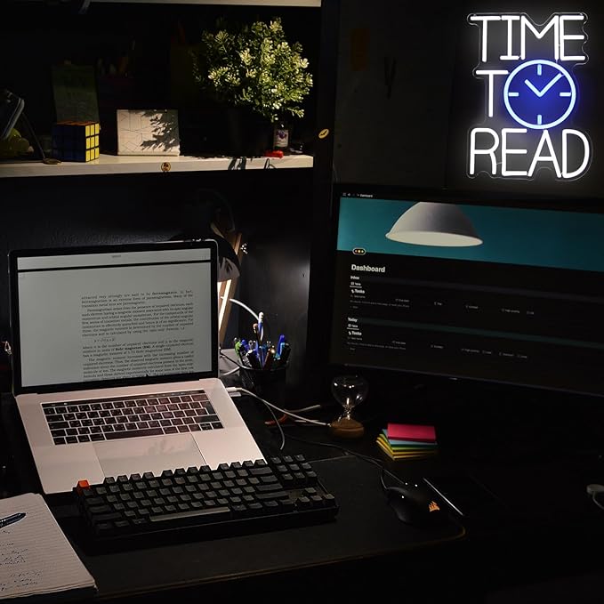 Time To Read Neon Sign Read Books Neon Light White Letter LED Signs Blue Clock Neon Read Light Up Sign for Bedroom Classroom Library Reading Corner Bookstore Decor