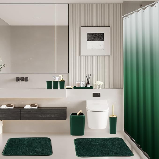 Bathroom Set - Dark Green Bathroom Sets with Shower Curtain and Rugs, 24PCS Shower Curtain Set with Hooks, Soap Dispenser, Soap Dish, Toilet Brush Holder and Trash Can for Housewarming