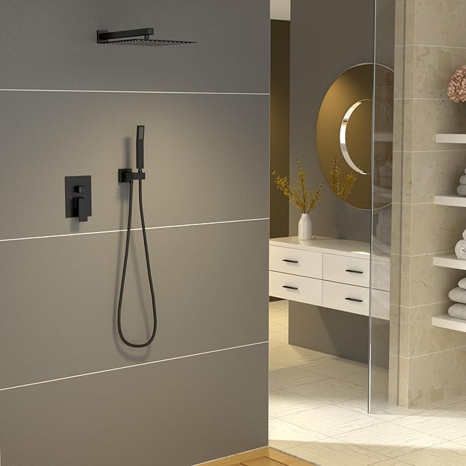 Sarlai Black Shower Faucet Set, Rainfall Shower System with Rain Shower Head and Handle Set, Modern Shower Fixtures, 10 Inch Shower Head with Handheld Combo,Shower Valve Included, Matte Black