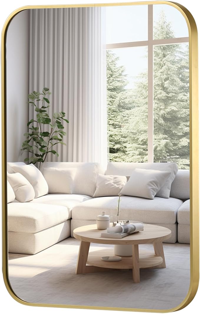 FARMER 30x36 Inch Gold Bathroom Mirror, Rectangle Vanity Mirror, Brushed Mirrors for Wall, Metal Frame Hanging Mirror with Round Corner for Bedrooms, Entryways, Living Rooms, Horizontal/Vertical