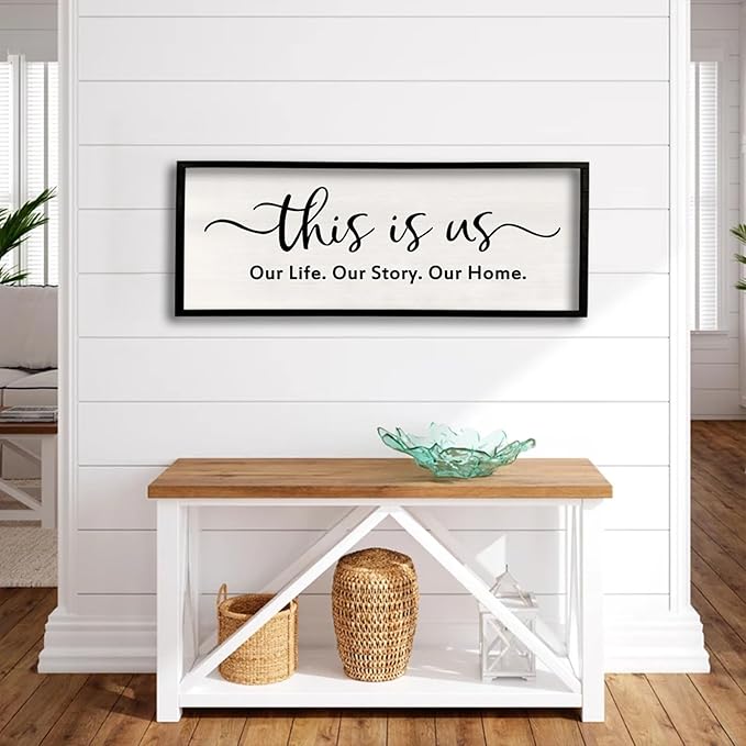 This is us Wall Decor Sign 32'' x 12'' Large Master Bedroom Home Life Story Wood Framed Vintage Family Sign Rustic Plaque Living Room Minimalist Farmhouse Hanging Wall Art (Black)