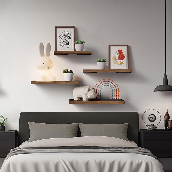 BAYKA Wall Shelves for Bedroom Decor, Floating Wall Shelves for Living Room Kitchen Storage, Wall Mounted Rustic Wood Floating Shelves for Kids Books, Corner Shelf for Bathroom(Rustic Brown,Set of 4)