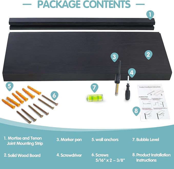 Solid Walnut Floating Shelves for Wall, 24"*10"*1.6"Real Thick Wood Mounted Wall Display Shelf with Joinery for Home Decor, Bathroom,Kitchen( Black Stain)