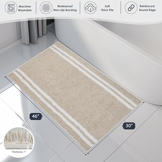 PURRUGS Bathroom Rug Non-Slip Machine Washable 30" x 46", Super Absorbent and Quick Dry Shaggy Microfiber Bath Mat, Extra Soft and Plush Bath Rug for Bathtub, Shower and Sink, Beige
