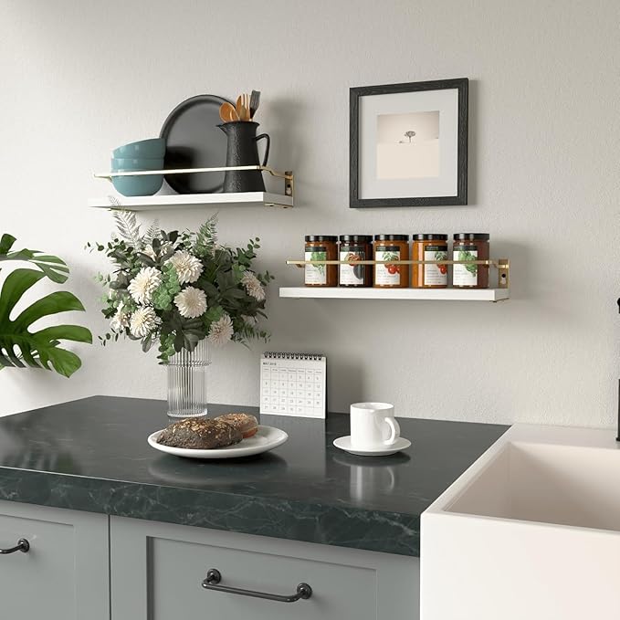 RICHER HOUSE Bathroom Shelves, Small Floating Wall Shelf for Bathroom Decor, Wall Mounted Wood Shelves, Bathroom Organizer Over Toilet Storage, Guard-Rail Kitchen Shelves Set of 2 - White Gold