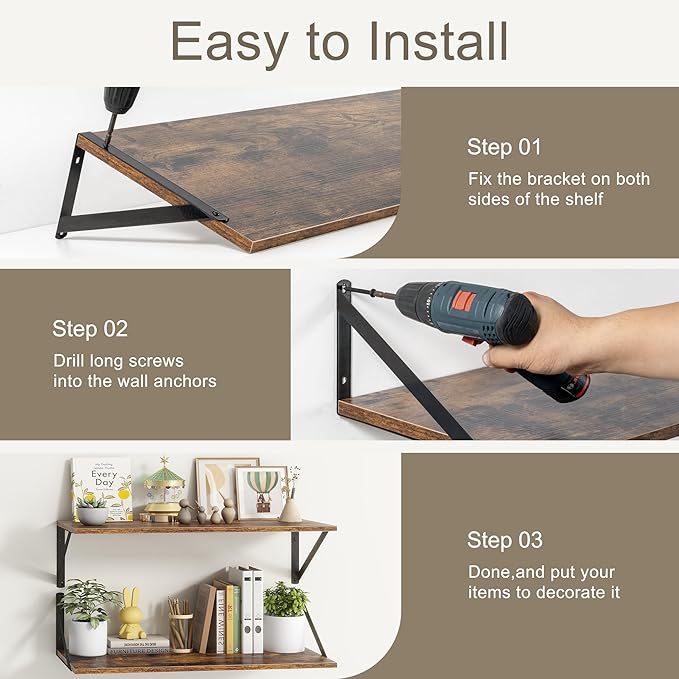 18"W x12"D Floating Shelves, Farmhouse Wall Shelves Home Decor Shelf, Deep Bathroom Shelf with Bracket, 12 Inch Deep Wall Shelves for Living Room, Kitchen, Bedroom, Rustic Brown, Set of 2