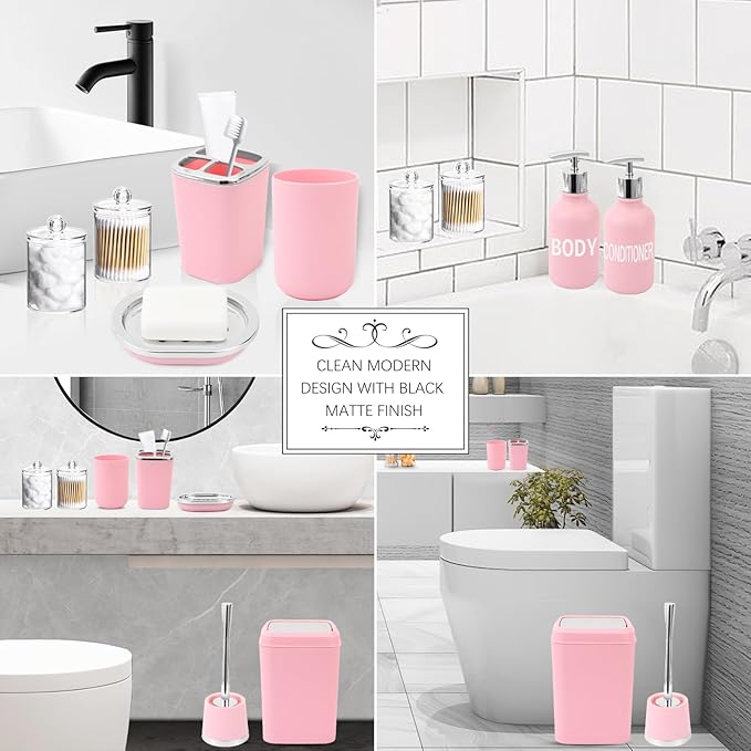 Pink Bathroom Accessories Set - 10 Piece Bathroom Set with Trash Can and Toilet Brush, Soap Dispenser, Toothbrush Holder and Cup, Soap Dish, and Qtip Holder, for Housewarming Gift
