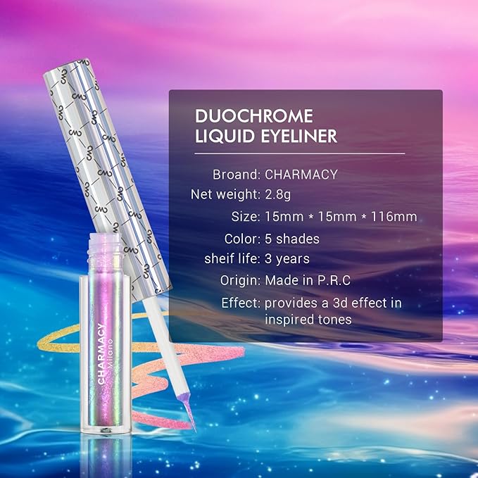 CHARMACY Chameleon Liquid Eyeliner, Liquid Glitter Eyeliner, Highly Pigmented, Metallic MultiColor Shifting waterproof Eyeliner, Ultra-Fine Tip, Longwearing, Smudge-proof (#301)