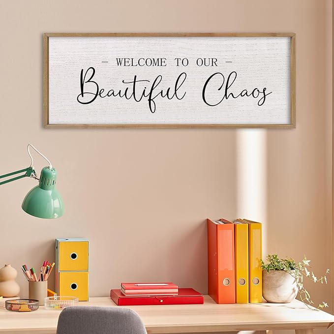 comurdyo Welcome To Our Beautiful Chaos Wall Decor Art 32"X12" for Home Entryway Sign Large Wood Framed Wall Hanging (Wood)