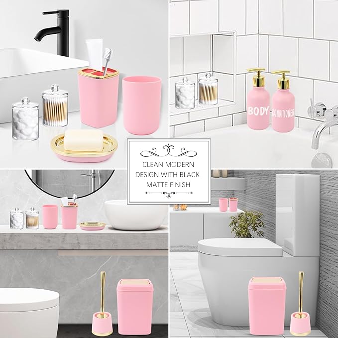 Pink Bathroom Accessories Set - 10 Piece Bathroom Accessory Set with Trash Can, Soap Dispenser, Soap Dish, Toothbrush Holder and Cup, Toilet Brush, Qtip Holder, Bathroom Decor Sets Complete