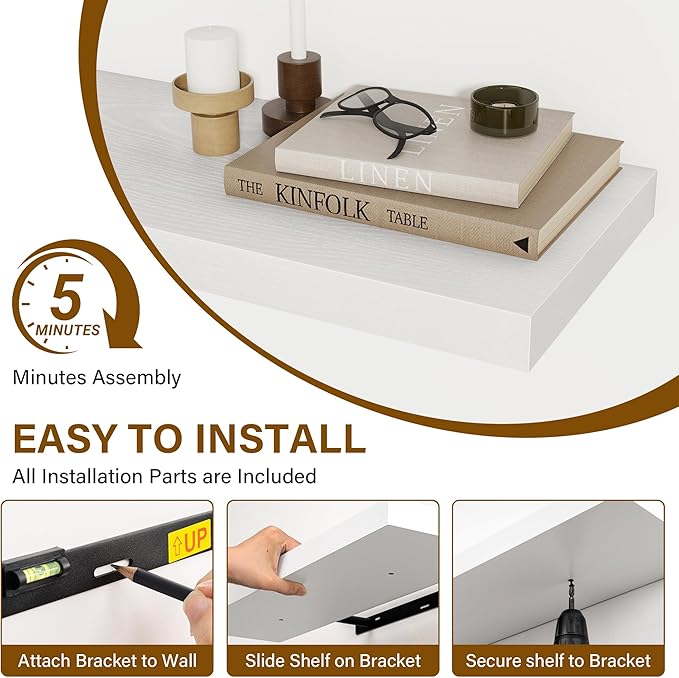 72 Inch Floating Shelves for Wall, 8 Inch Deep Floating Shelf, Large Shelves with Invisible Bracket for Books|Storage, Rustic Wood Wall Shelf for Bedroom, Kitchen, Living Room, White