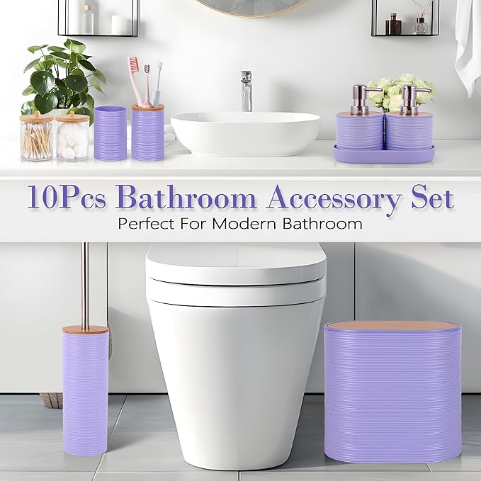 Bathroom Accessory Set,10 PCS Purple Bathroom Set with Trash Can,Toothbrush Holder,Soap Dispenser,Toothbrush Cup,Vanity Tray,Soap Dish,Toilet Brush,Qtip Holders