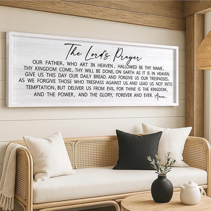 Our Father Prayer Bible Verse Framed Wall Art, 40''×15'' White Horizontal Religious Christian Lords Prayer Sign for God Jesus Christ Prayer, Rustic Holy Inspirational Catholic Scripture Decor