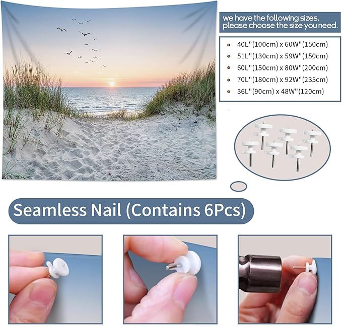 HVEST Ocean Beach Tapestry Wall Hanging, Sunset Seabird and Beach with Grass Wall Hanging Tapestry Natural Landscape Tapestry for Bedroom Living Room Dorm Decoration Wall Decor, 59x51 Inches