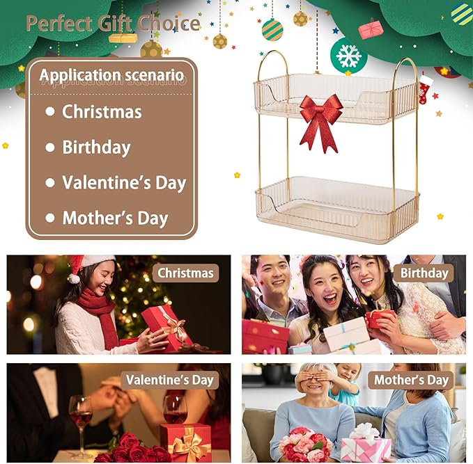 Bathroom Counter Organizer Countertop Storage, Cosmetics Skincare Shelf, Makeup Organizer Perfume for Dresser Vanity Tray, Spice Rack for Kitchen(2 Tier-Gold)