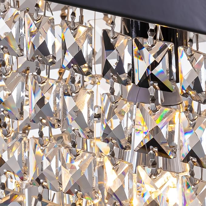 Rectangular Black Crystal Chandelier,10 Light Crystal Chandeliers for Dining Room, Rectangle Light Fixture for Kitchen Island L47''xW10''x H10''