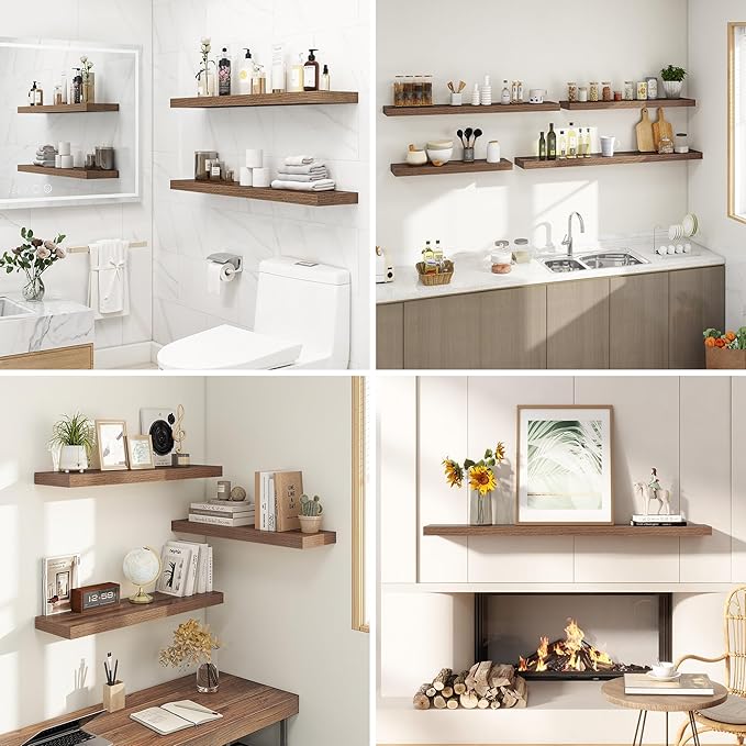 32 Inches Floating Shelves for Wall, 9.3" Deep Long Floating Shelves Set of 2, Large Display & Storage Shelf, Wall Shelf for Bathroom Bedroom Living Room Kitchen Office, Walnut