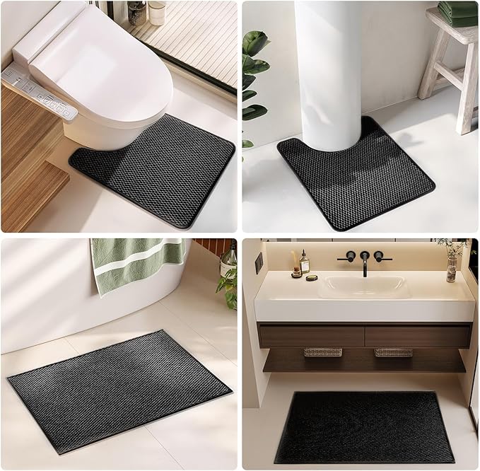 Black Bathroom Rugs Non Slip Washable, Super Absorbent Thin Bath Mat Quick Dry Low Pile Bathroom Rug, Black 24''x36''