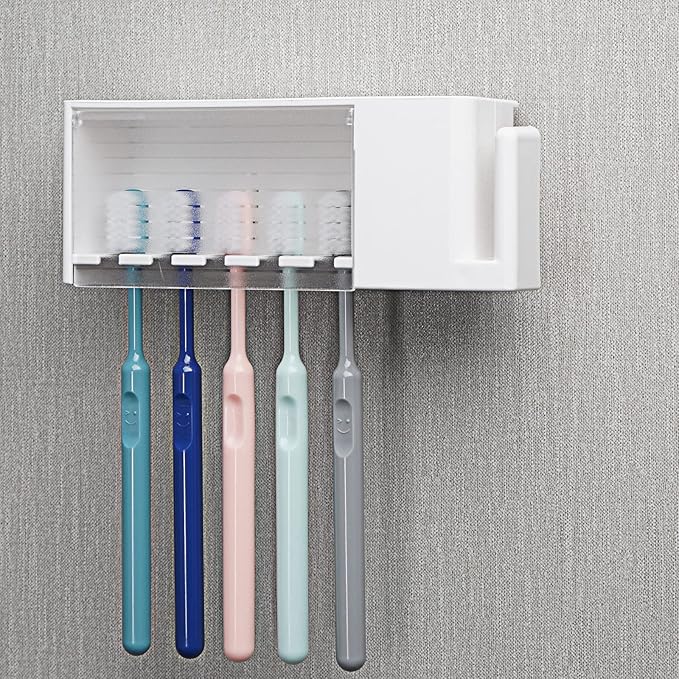 5 Slots Wall Mount Toothbrush Holder with Cover, Self Adhesive Toothbrush Storage Organizer for Shower, Toothpaste & Toothbrush Hanger for Bathroom, Medicine Cabinet, Dorm (White)