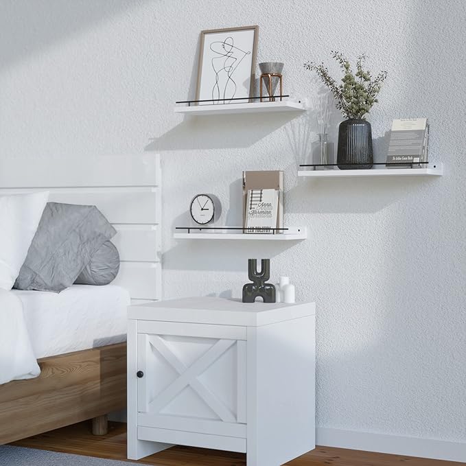 WOPITUES Floating Shelves with Black Metal Guardrail, Shelves for Wall Decor Set of 3, Wall Shelves for Bedroom, Bathroom, Kitchen, Living Room, Plants, Picture Frames, Art- Black and White