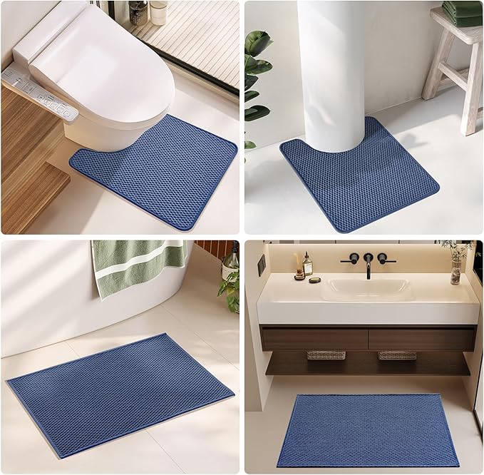 Bathroom Runner Rugs, Long Bath Mat Runner Washable Thin Quick Dry Low Pile Bathroom Runner Rugs Non Slip, Navy Blue 16"x60"