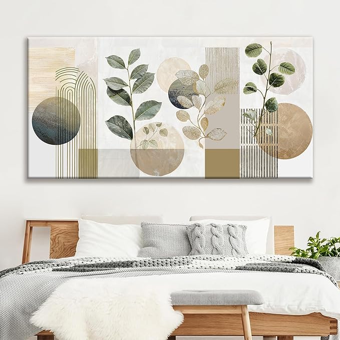 TAIJXAGSG Large Boho Green Wall Art For Living Room 29x58 In Green Botanical Boho Wall Art Modern Sage Bohemian Canvas Art Wall Decor Natural Abstract Geometry Lines Prints Picture Ready To Hang