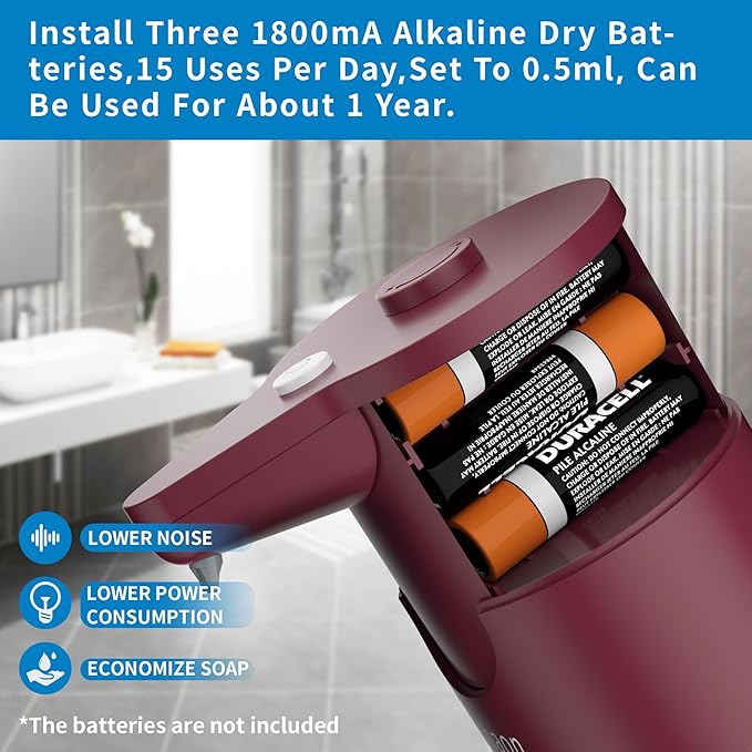 Automatic Soap Dispenser Touchless, Hands-Free, Multi Adjustable Volume, Long Battery Life, Compatible with Thick & Thin Dish/Hand Soap for Bathroom and Kitchen, Easy for Toddlers, Red